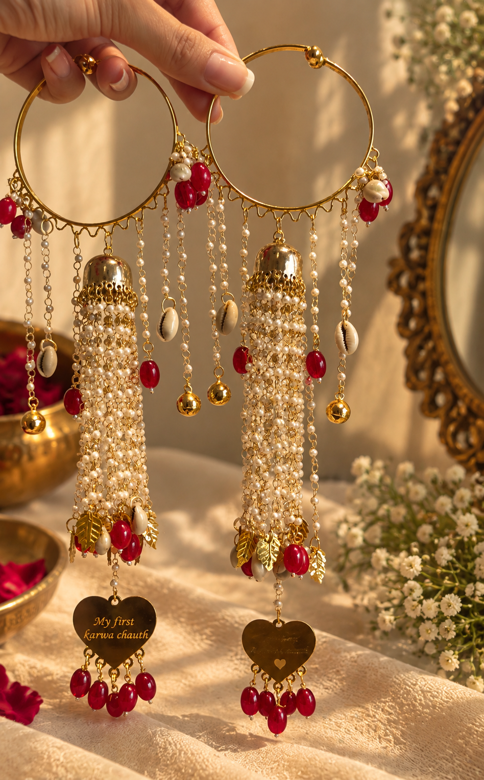 Close view of Gulnoor Bangles with red beads and two gold heart charms