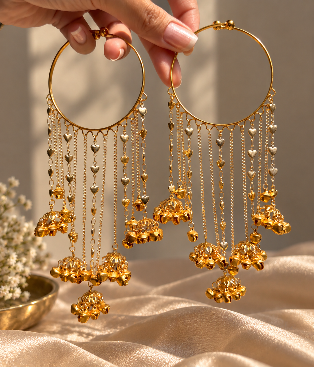 Close-up of Dil Bangles pair with heart chains and gold bell charms