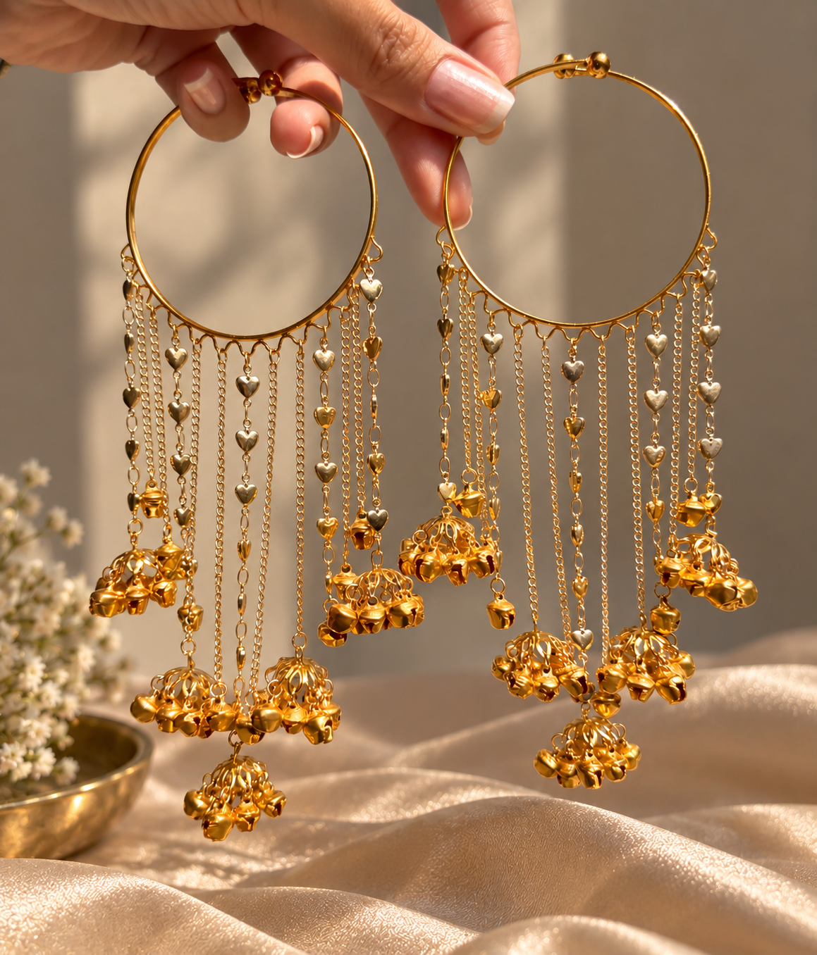 Close-up of Dil Bangles pair with heart chains and gold bell charms