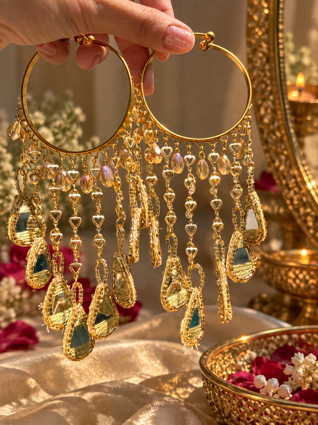 Ruhani Bangles pair with gold-tone heart chains and dangling teardrop accents