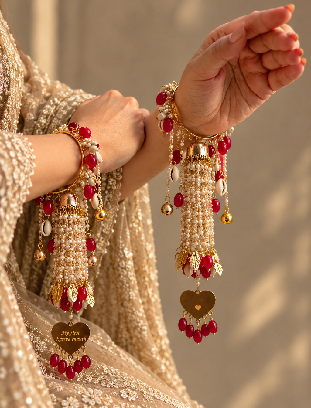Gulnoor Bangles with red beads and personalised heart charms worn on wrists