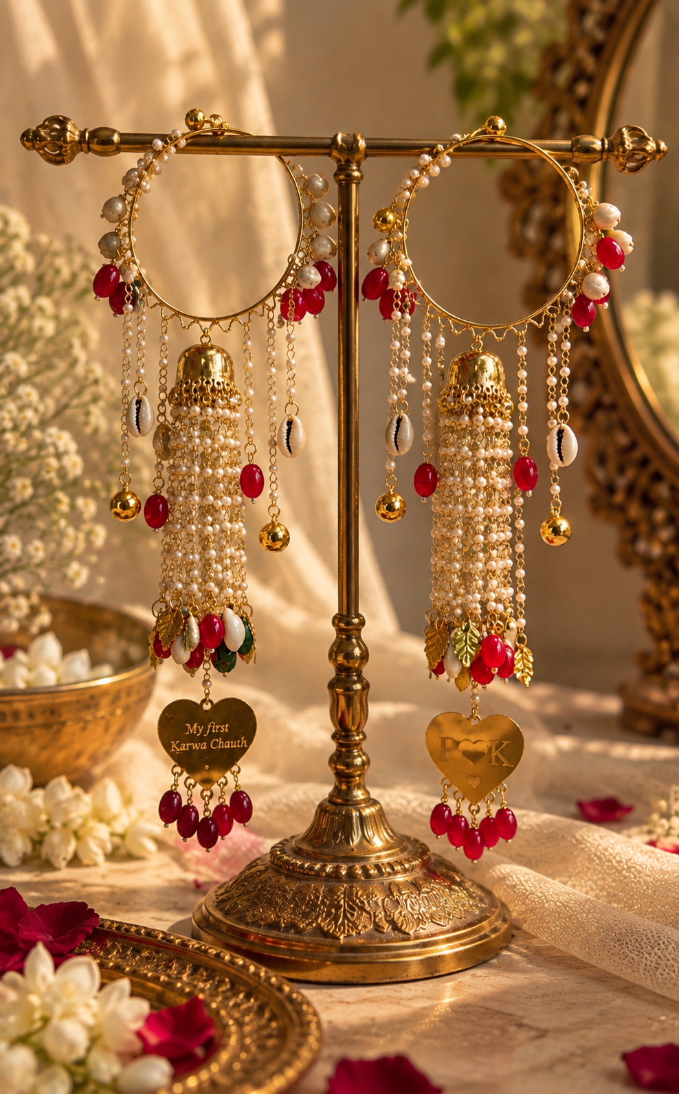 Pair of Gulnoor Bangles with red beads and hanging personalised gold heart charms