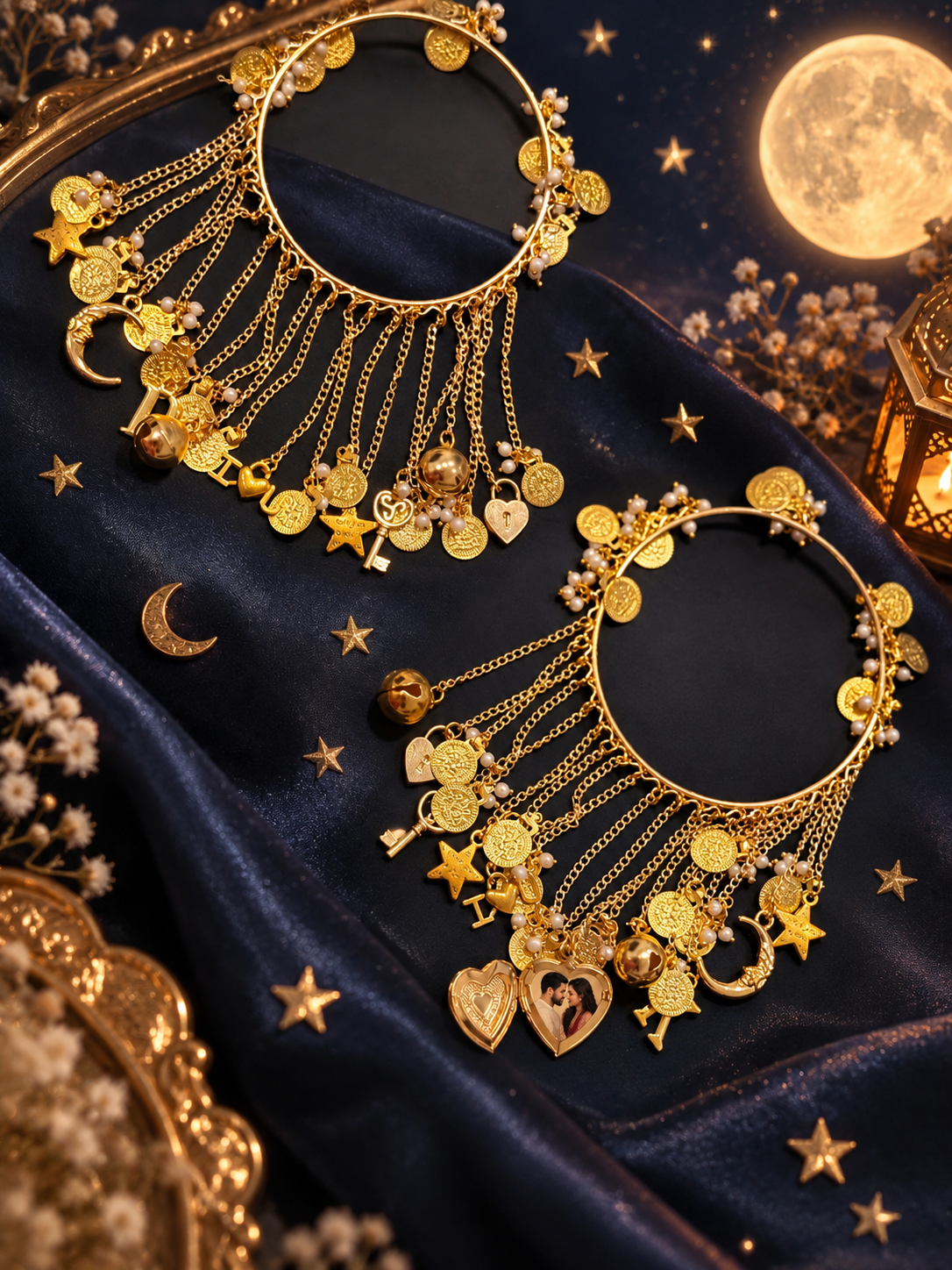 Pair of gold-tone Chaand Sitara Bangles with moon, star, initial and photo charms on a dark blue backdrop