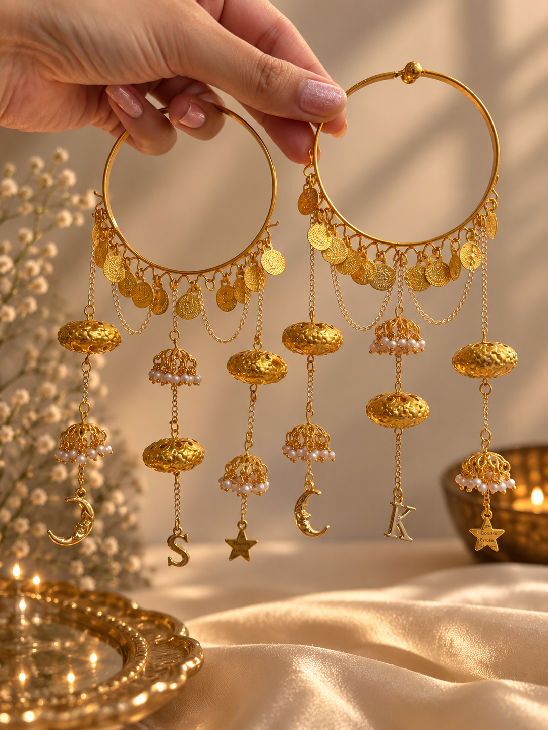 Pair of gold-tone Aafreen bangles held up showing dangling coin, moon, star and initial charms