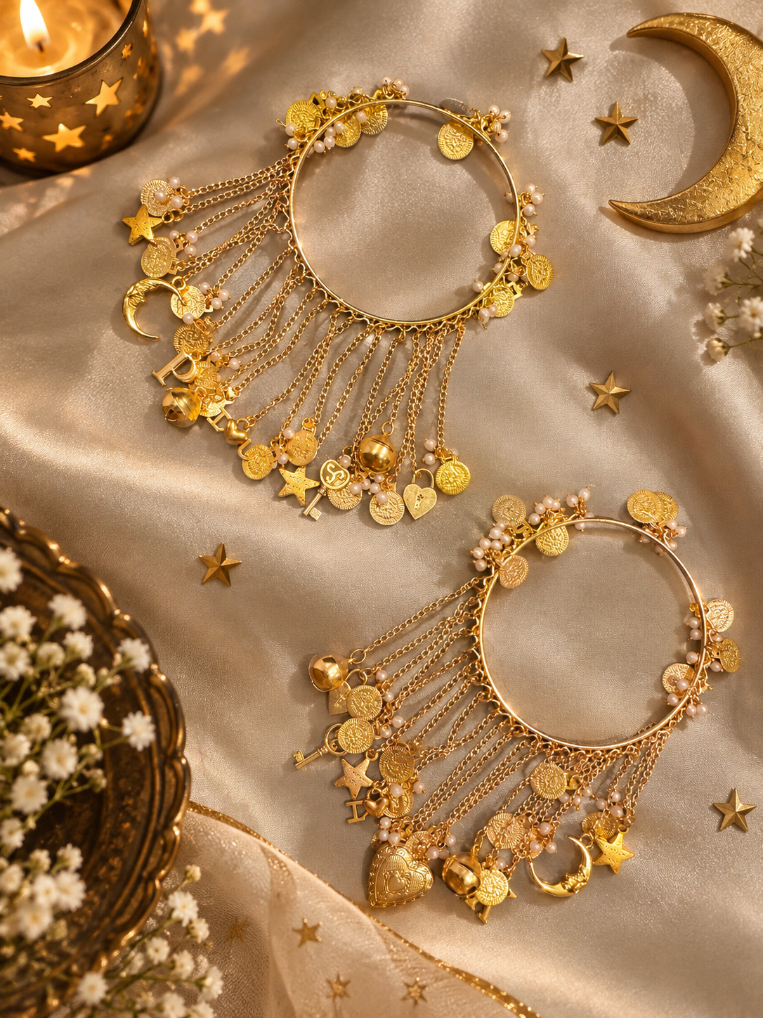 Pair of Chaand Sitara Bangles with gold moon star initials and photo charm details