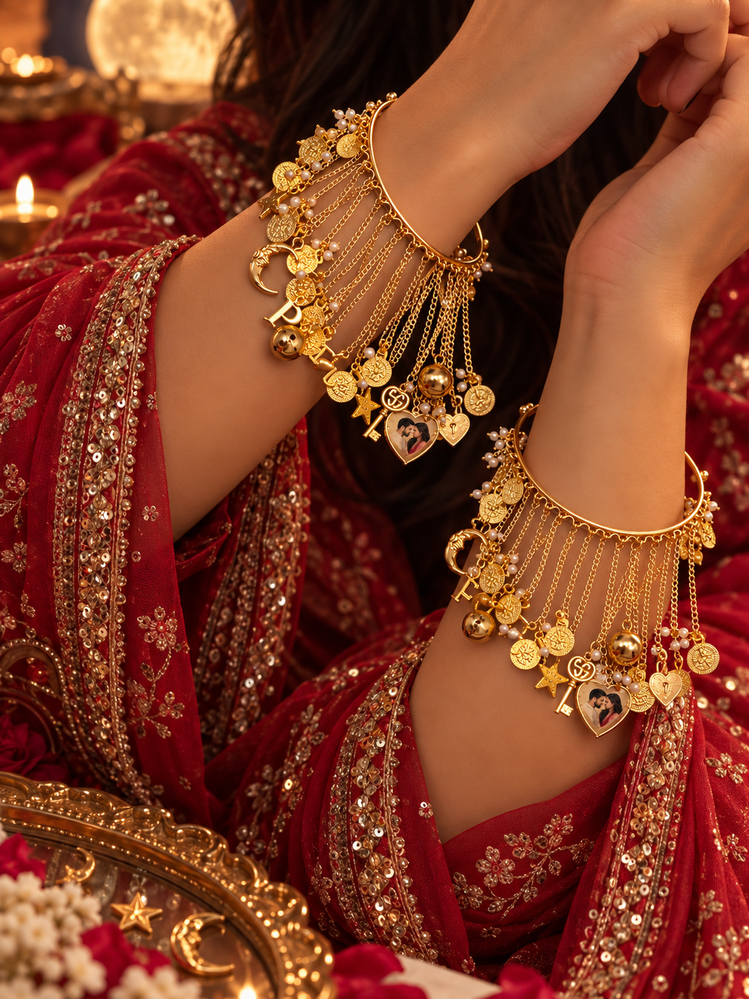 Chaand Sitara Bangles worn on wrists with dangling moon star and personalised photo charms