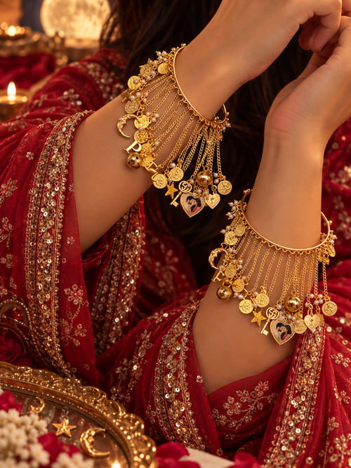 Chaand Sitara Bangles worn on wrists with dangling moon star and personalised photo charms